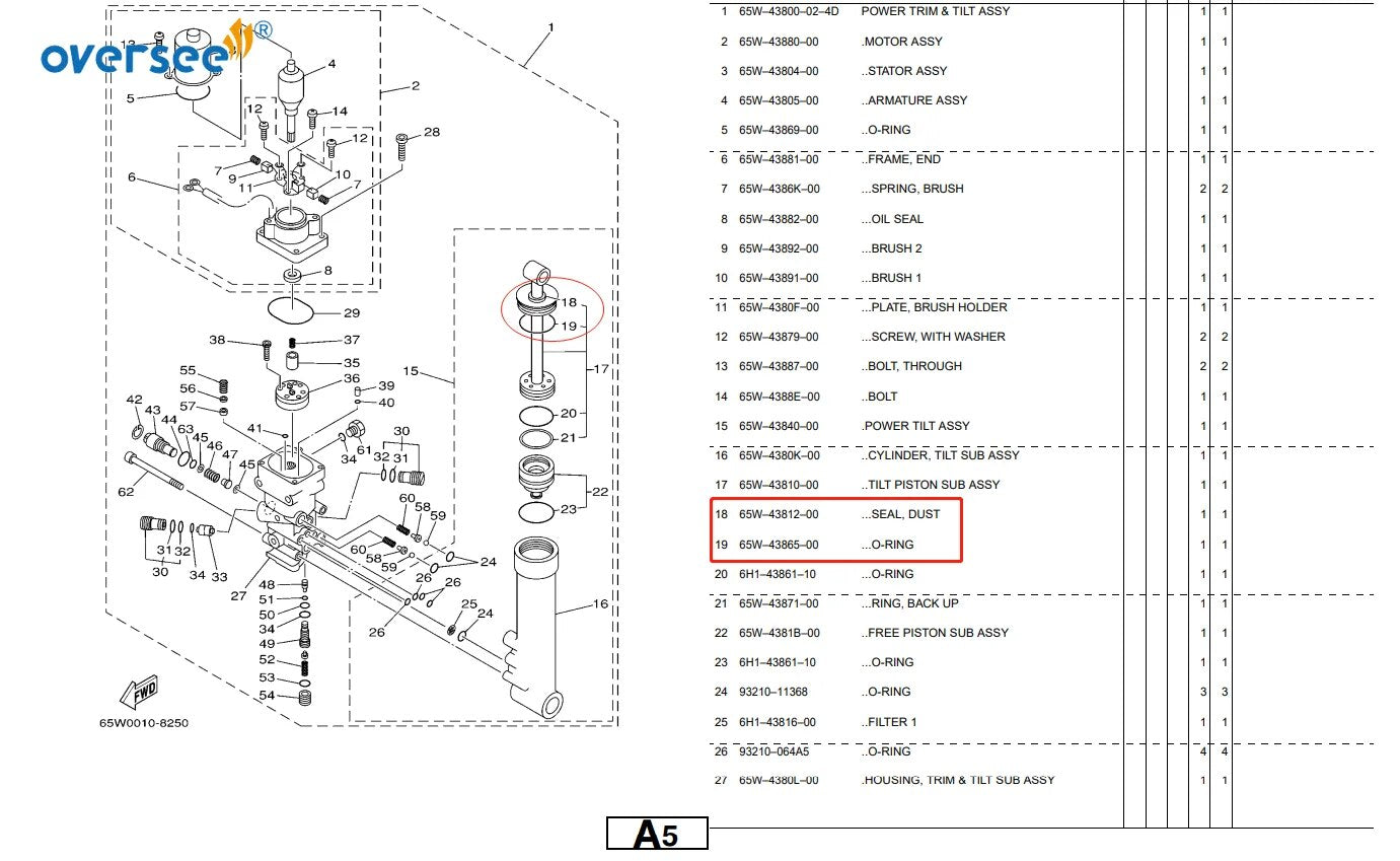 Topreal 65W-43821 End Cap with Seals 4 Holes 40HP 60HP For Yamaha Outboard Motor Tilt Trim 2T 4T F25; 40HP ;60HP ;65W-43821-11