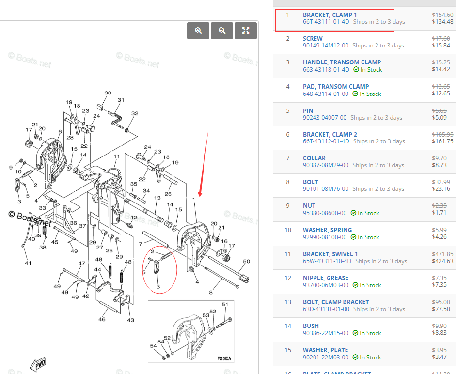 66T-43111-01-4D BRACKET CLAMP Manual For Yamaha 4-Stroke 25HP F25 Outboard Engine 2005-15