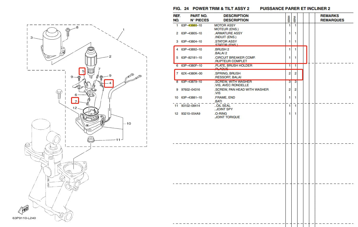 63P-82181 Carbon Brush Set For Yamaha Outboard Motor 2T & 4T 85hp 115HP 150HP Trim Tilt Motor Included 62X-4386K; Brush 63P-43892-10