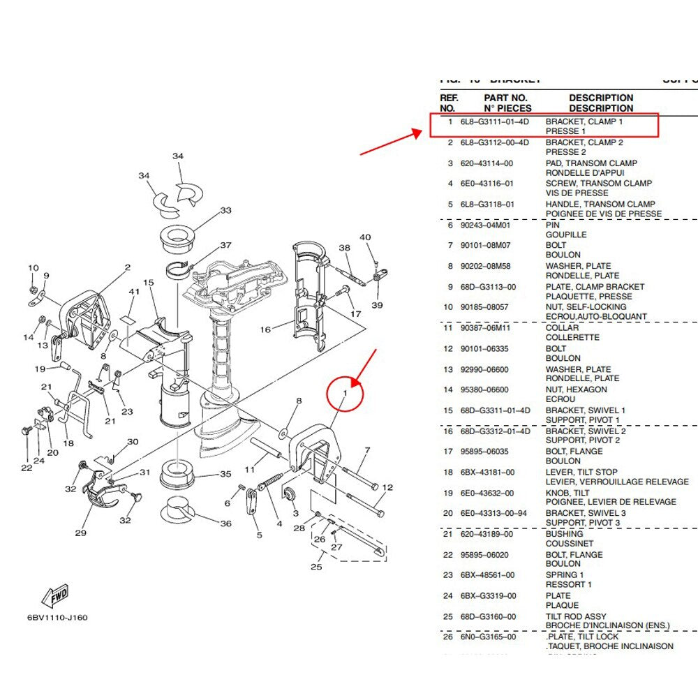 6L8-G3111-01-4D Clamp Bracket-Left for Yamaha 4HP 5HP 6HP Outboard Engine F4 F5 F6 Model 6E0-43111-02-8D