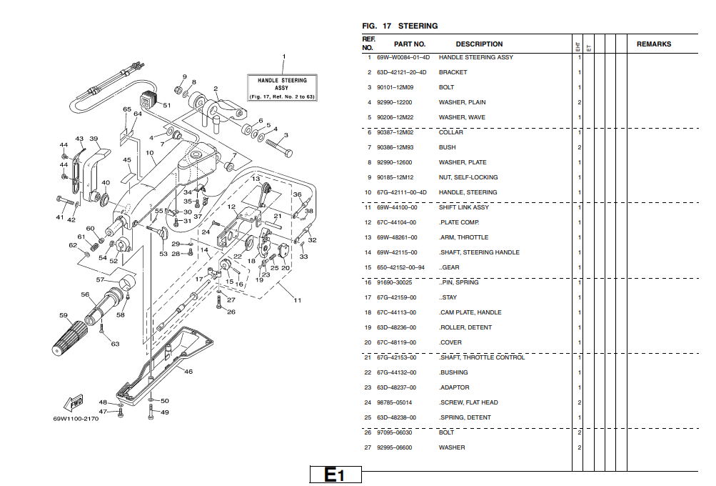 69W-W0084-01-4D HANDLE STEERING ASSY Gray FOR Yamaha Outboard 4 Stroke F50 F60HP